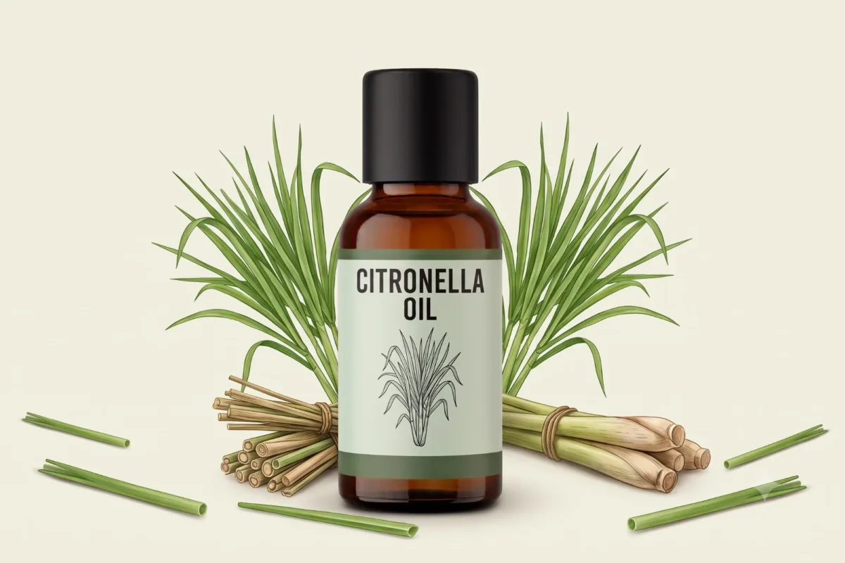 Citronella oil bottle with citronella grass