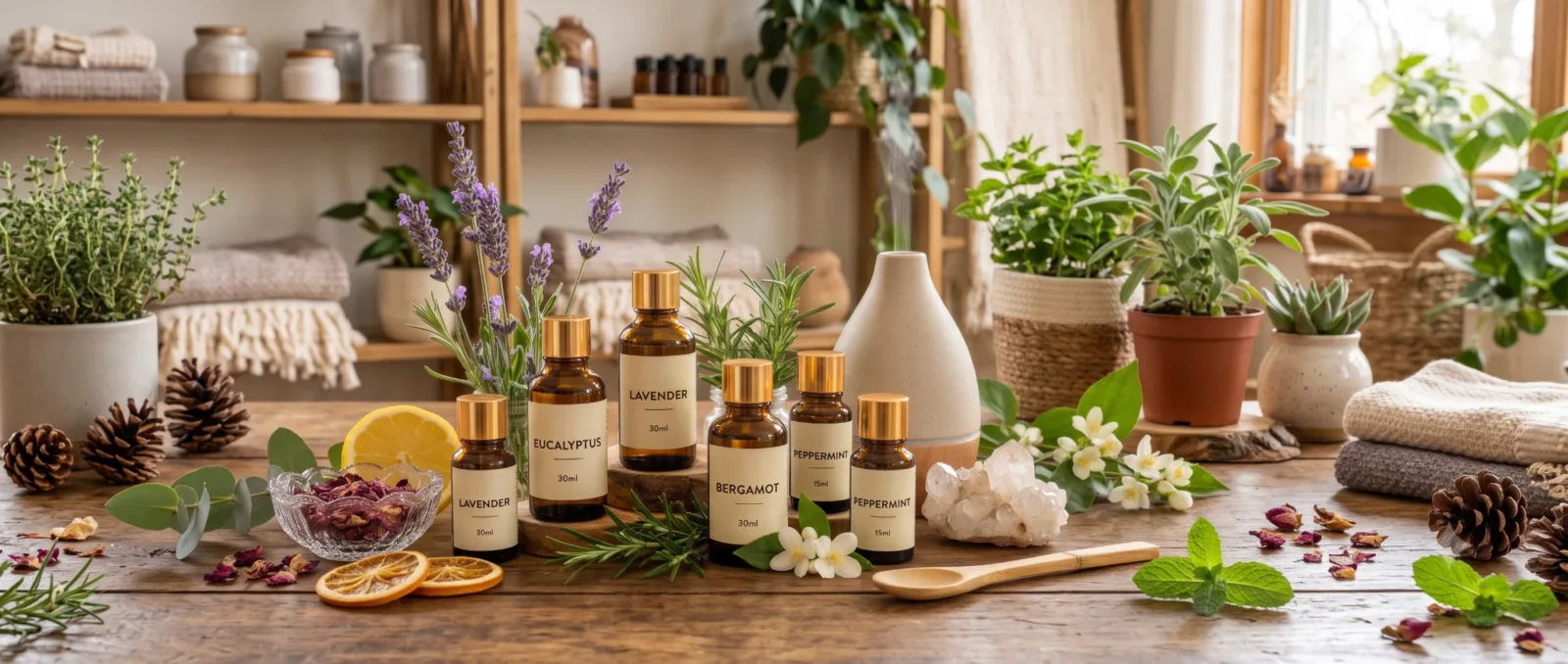 Amber essential oil bottles with lavender, rosemary, citrus, herbs and a diffuser on a wooden table