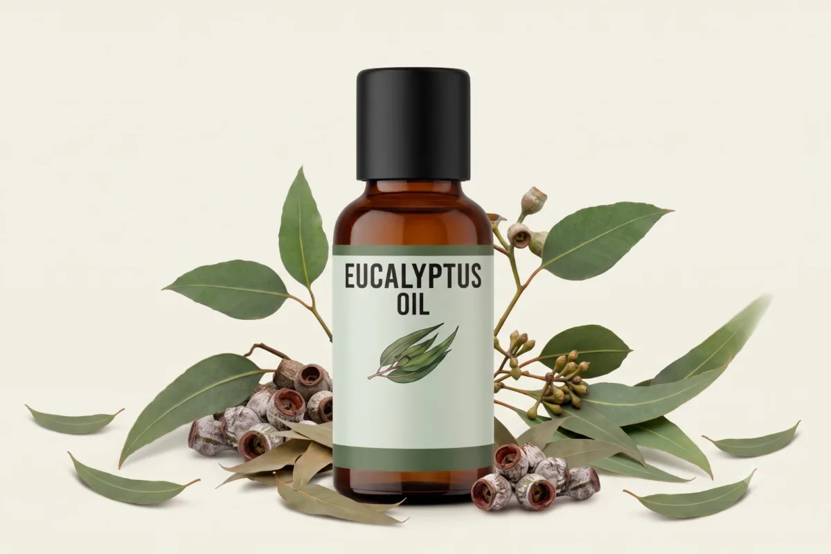 Eucalyptus oil bottle with eucalyptus leaves and seed pods
