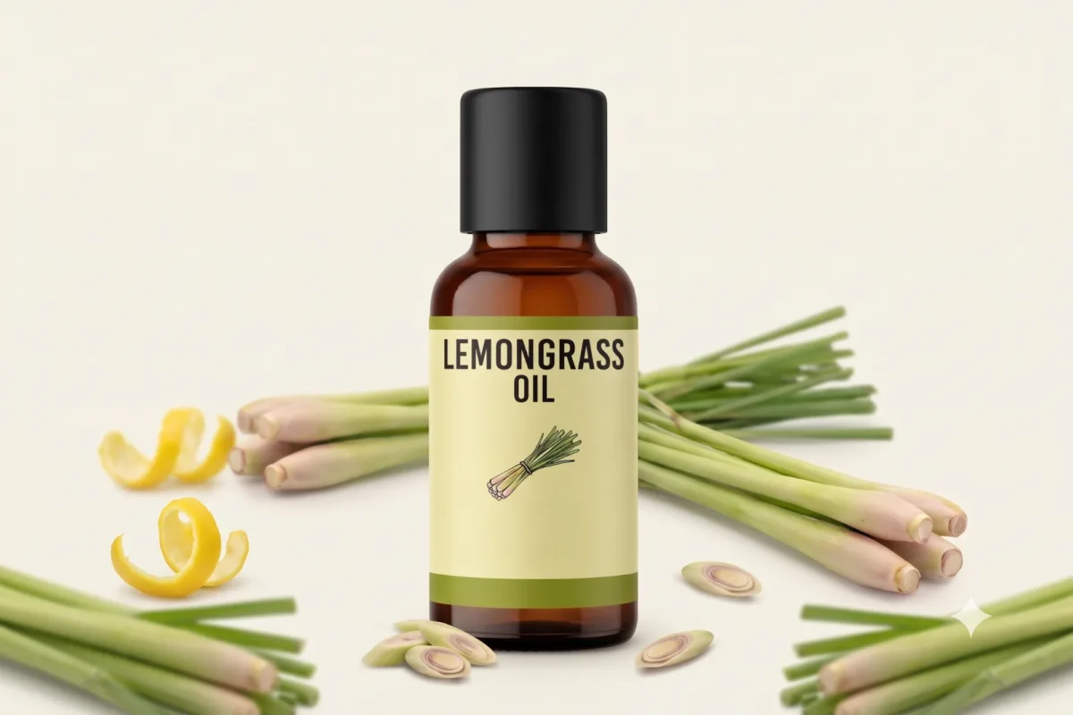 Lemongrass oil bottle with lemongrass stalks and lemon peel