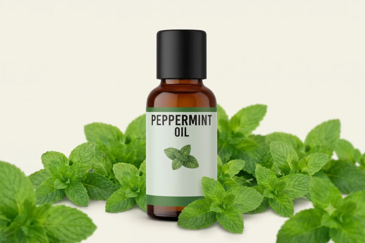 Peppermint oil bottle with fresh mint leaves